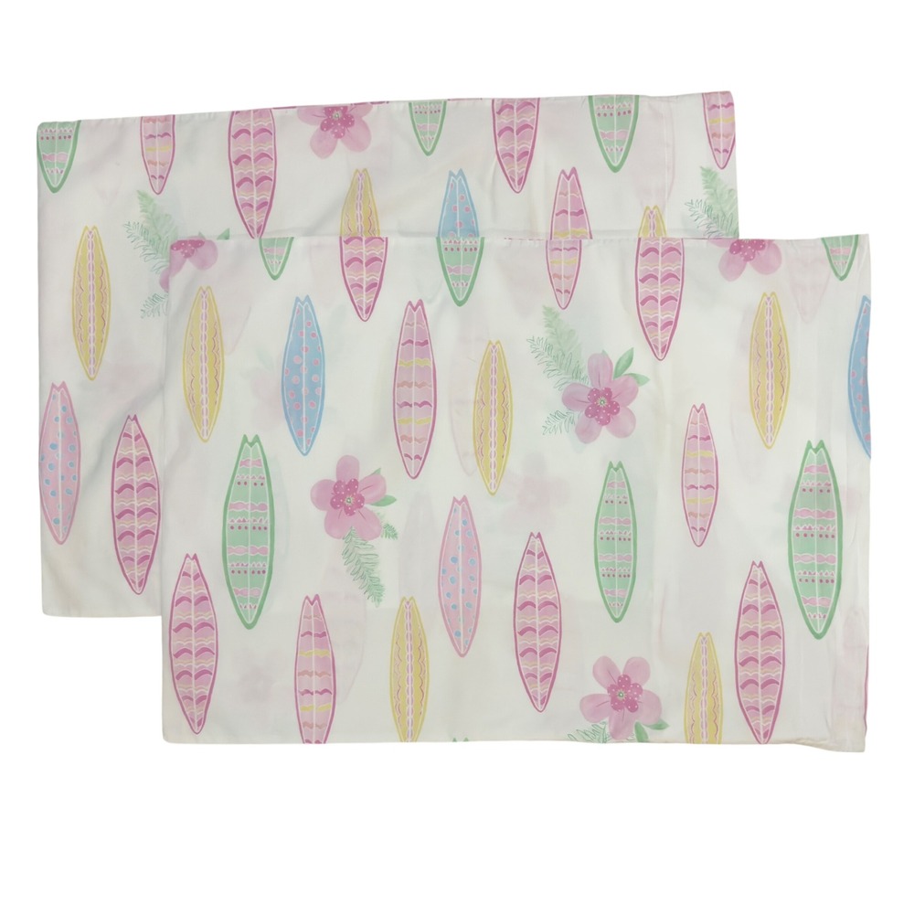 Pottery Barn Kids Full Sheet Set Pink Island Surf Ttopical Hibiscus & Surfboards - Picture 2 of 6